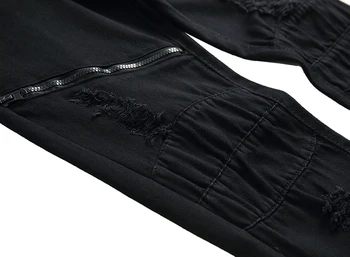 Moda Barbati Drepte se Potrivesc de Epocă Spălat Blugi Cu Fermoare Rupte Găuri Stretch Pantaloni din Denim Negru Jean Pantaloni Pentru Bărbați