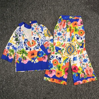 AELESEEN Casual Femei Seturi de Moda 2020 Flori de Primăvară Flare Sleeve Print Bluza Guler+Prairie Chic Loose Pant 2 Bucata Set