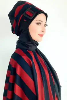 Islami Kıyafet Türban Hijab Müslüman Başörtüsü Eşarp Fular Tesettür Panço Kombin Bordo Çizgili Desenli Atkılı Bere Şal Os