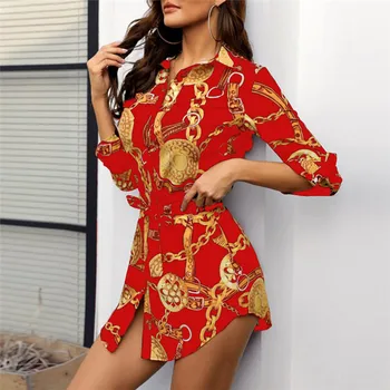 Lanț de Imprimare Rochie de Femei 2020 Toamna Office Lady Mini Rochii Casual cu Maneci Lungi Butoane Shirt Dress Femme Centura Vestidos