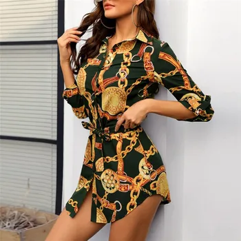 Lanț de Imprimare Rochie de Femei 2020 Toamna Office Lady Mini Rochii Casual cu Maneci Lungi Butoane Shirt Dress Femme Centura Vestidos