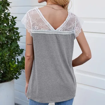 Femei T-Shirt de Vară 2020 Topuri & Tricouri Noi Dantela Mozaic Tricou Maneca Scurta de Moda Elegant OL Liber Bază Tricouri Camisas
