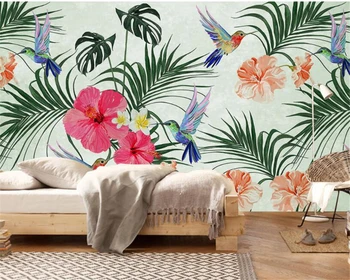 Foto personalizat imagini de Fundal Pictate manual Acuarelă Tropicale cu Frunze de Păsări TV, Canapea de Fundal de perete autocolant 3D tapet beibehang