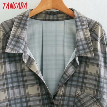 Tangada Femei Retro Supradimensionate Plaid Print Bluza Buzunar Maneca Lunga Elegante Femei Casual Tricou Vrac Blusas XN154