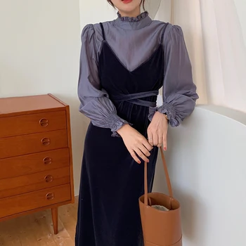 Ezgaga Vintage Rochie Eleganta Pentru Femei Primavara-Coreean Mozaic Fals Două Dantelă Sus Flare Sleeve Catifea Rochie De Bal Vestidos Feminino