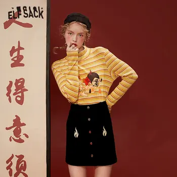 ELFSACK Grafic Original, cu Dungi Tricot Casual T-Shirt Femei Top 2020 Toamna ELF Epocă Complet Maneca Doamnelor de zi cu Zi Slim Topuri