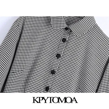 KPYTOMOA Femei 2020 Moda Acoperite Cu Butonul Houndstooth Cutat Rochie Mini Vintage Maneca Trei Sferturi Femei Rochii de Mujer