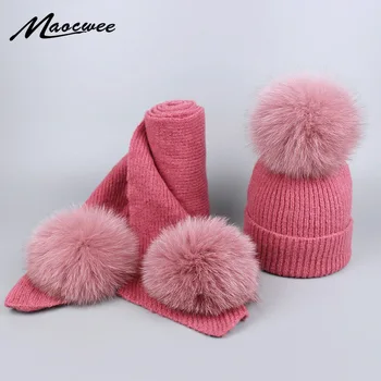 Noul brand de Nurcă și vulpe blană șapcă poms pom de iarnă pălărie și Eșarfă Set pentru femei fata modelului pălărie tricotate căciuli Groase, eșarfe