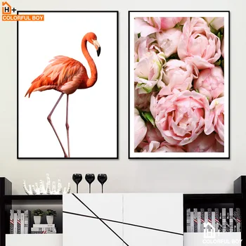 Trandafir roz Flamingo Peisaj de Mare Arta de Perete Panza Pictura Nordică Postere Si Printuri Poze de Perete Pentru Camera de zi Dormitor Decor