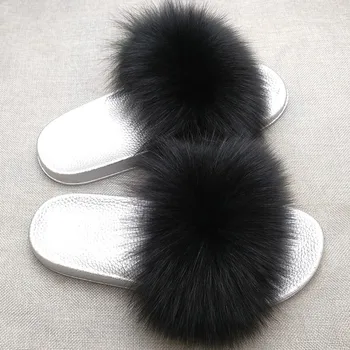 Blană Papuci de Femei Vulpe Blană Slide-uri Pufoase, Papuci de Casa Pantofi de Vara pentru Femeie Blană papuci De Femei pantofi