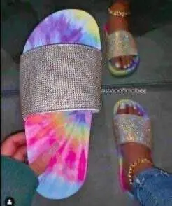 Tie-dye Papuci Femei Bling Stras Colorate Doamnelor Vara Slide-uri de Sandale de Cristal Sclipici Pantofi Femei Pantofi Casual Plat