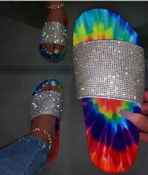 Tie-dye Papuci Femei Bling Stras Colorate Doamnelor Vara Slide-uri de Sandale de Cristal Sclipici Pantofi Femei Pantofi Casual Plat