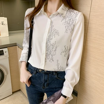 Coreeană Femei Bluză Albă Tricouri Femei Maneca Lunga Bluze Femei Șifon Bluza Eleganta Office Lady Imprimare Tricou Topuri Plus Dimensiune