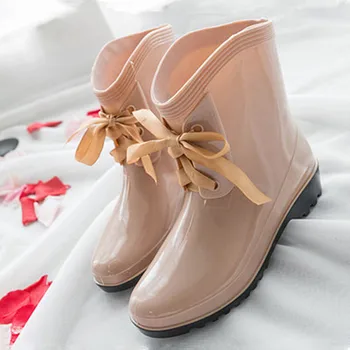 Femei Cizme De Moda Low-Toc Pantofi De Piele Pentru Winte Tub De Mijloc Cizme De Ploaie Lac-Up Rezistent La Apa Pantofi De Apă