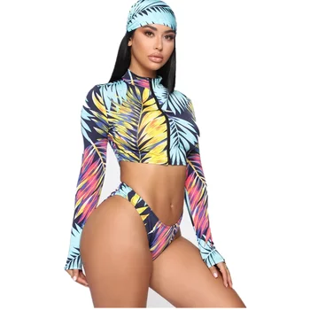 2020 Sexy Cu Maneci Lungi Bikini Femei Costum De Baie Verde, Frunze De Imprimare De Costume De Baie Pe Plajă Bikini Brazilian Set Biquini De Sex Feminin