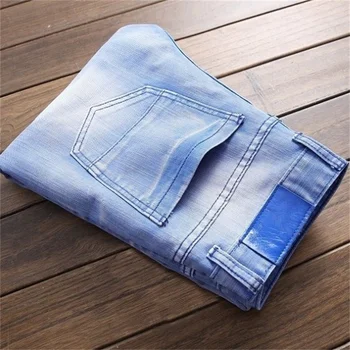 EH · MD® de Înaltă Elastic Decolorat Blugi Albastru Bărbați Ondulat Încrețită Găuri Patch-uri de Bumbac Moale Mic Drept High Street Pantaloni Slim 2020
