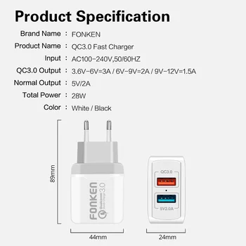 FONKEN Dual USB Încărcător de 28W Quick Charge 3.0 QC3.0 Rapid Încărcător De Telefon 2 Port Portabil Încărcător De Perete Adaptor Mobil Android Tablet
