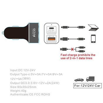 USB-C, Incarcator 60W PD+ Quick Charge 3.0 Rapid Încărcător Auto Pentru iPhone 11 Pro Xs MAX 8 Plus Macbook SAMSUNG S10+ S9 Nota 8 10 Plus