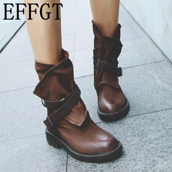 EFFGT Noua Moda Cizme Militare Cataramă Piele Artificiala femei Pantofi Femei Cavaler Cizme Cizme Plate Moale casual, cizme pentru Femei