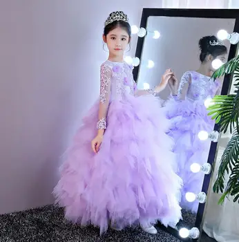 Elegant, Copii Rochie De Mireasa Violet Aplicatii De Flori Fete Rochie Lungă Concurs Partid Rochie De Bal Fata De Bal Printesa Rochie Formale