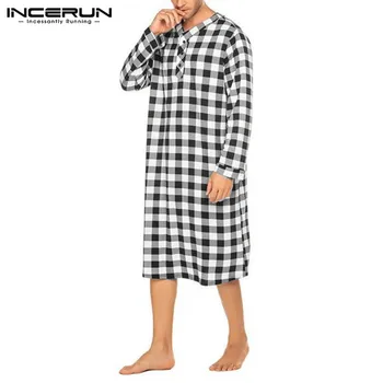 INCERUN 2021 Noi Oamenii Dorm Halate cu Maneca Lunga V Gât Carouri Cămăși de noapte Om Butonul Pierde Respirabil Pijamale Lungi Cauzale Halate de baie