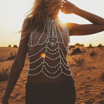 Noua Moda Boho Imitații De Perle Declarație Lanțuri Pandantiv Rochie Bijuterii Perle Margele Bikini Cablajului Corpului Lanț De Bijuterii De Nunta