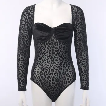 Una Bucata Femela Leopard de Imprimare Bodysuit ochiurilor de Plasă Pur Negru Salopeta Sexy Femei Pătrat Guler Maneca Lunga Corpul Petrecere de Top Salopete
