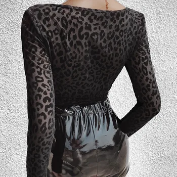 Una Bucata Femela Leopard de Imprimare Bodysuit ochiurilor de Plasă Pur Negru Salopeta Sexy Femei Pătrat Guler Maneca Lunga Corpul Petrecere de Top Salopete