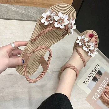 Vara sandale plate flori boem pantofi cu degetele de la picioare deschise potrivite pentru femei, casual, ușor de purtat