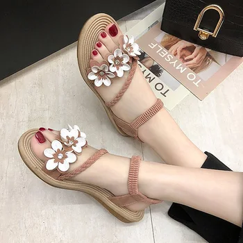 Vara sandale plate flori boem pantofi cu degetele de la picioare deschise potrivite pentru femei, casual, ușor de purtat