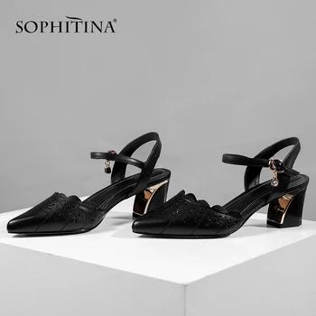 SOPHITINA Moda Sandale Femei Piele de Vaca Metal Decor de Mare Toc Pătrat Elegant Curea Cataramă Pantofi Casual, Sandale SO448