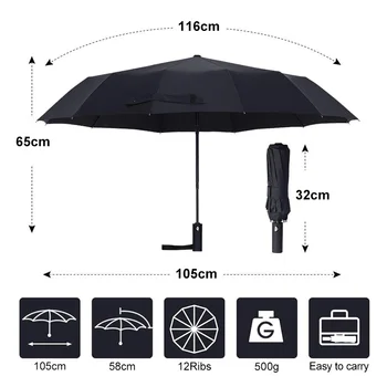 Upgrade 12Ribs Automată Umbrelă de Ploaie Femei Windproof 3Fold Portabile cu Mâner Lung de Afaceri Umbrela Bărbați în aer liber, de Călătorie Umbrelă