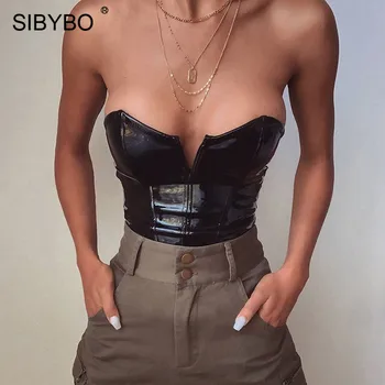 SIBYBO PU Piele fara Bretele Sexy Femei Body 2019 Pe Umăr V-Gât Vara Romper Femei Backless Negru Doamnelor Bodysuit Sus