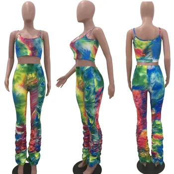 Tie Dye Sexy Două Piese Set Femeile Festivalul de Vară de Îmbrăcăminte 2020 2 Bucata Set Top de Cultură și Stivuite Pantaloni de Potrivire Seturi Tinutele de Club