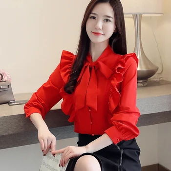 2019 Toamna New Sosire Top Lady Coreean Stand Guler Bowknot Volane Maneca Lunga Femeie Chifon Bluza