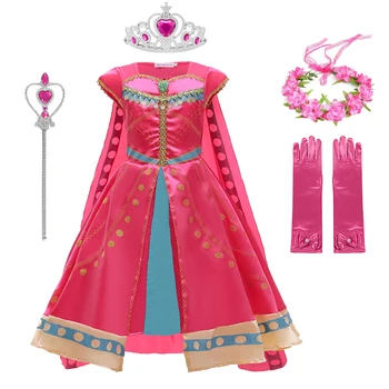 Aladdin Jasmine Cosplay Dress pentru Fete Costum pentru Petrecerea de Halloween Crăciun Rose Rochii Roz cu Mantie Cape