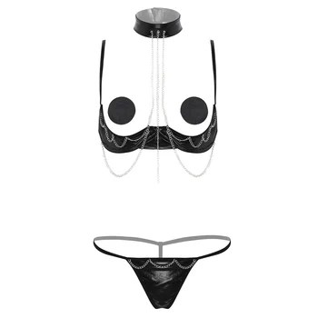 Femei Sex-Shop Micro Bikini Lenjerie Intima Erotic Halter Deschide Cupe Sutien Raft Set+Tangas&Nipple Covers Lenceria Stripper Sexy Costume