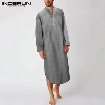 INCERUN Bărbați cu Dungi Somn Haine de Moda Maneca Lunga V Gât Casual Pijamale largi Largi Nightgrown de Agrement Butoane Halate de baie 5XL