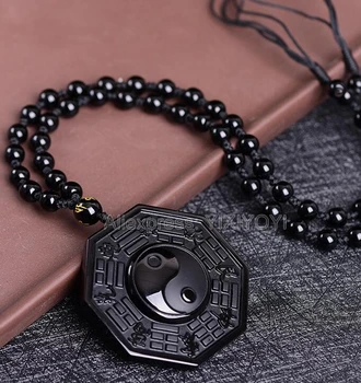 Naturale Obsidian Negru Sculptat Chineză Se Confruntă BaGua Norocos Amuleta Pandantiv + Liber Colier Moda Cristal Moda Bijuterii