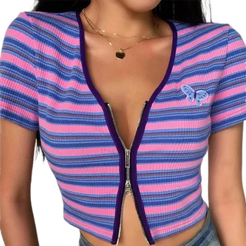 Vara Noua Moda Femei de Culoare Bloc Stripe Cardigan Shirt Short Sleeve V Neck Crop Top Fermoar Dublu Fluture de Imprimare T-shirt