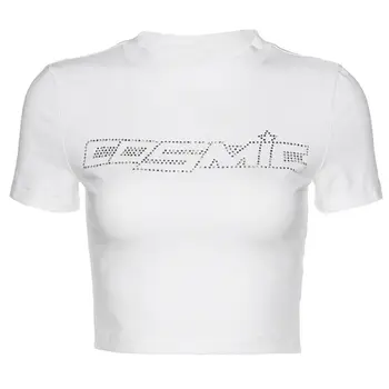 Femei Maneca Scurta/Cultură Mâneci Top Stras Litera T-Shirt Vesta Streetwear Y5GC