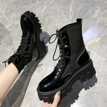 Gotic Ciorap Negru Cizme Cu Platforma Pentru Femei Pantofi Pentru Femeie Cizme De Moda Rotund Plat Glezna Cizme De Piele 2020 Primăvară Dantelă Sus Cizme Negre