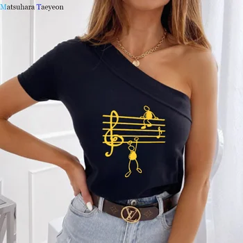 Note muzicale Print T Shirt Femei Doamnelor Maneci Scurte Umăr Rece Sexy Club Casual Tee Top de Vară Unul-umăr Tricou Femei