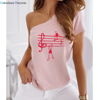 Note muzicale Print T Shirt Femei Doamnelor Maneci Scurte Umăr Rece Sexy Club Casual Tee Top de Vară Unul-umăr Tricou Femei