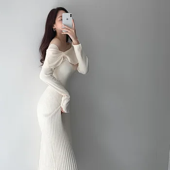 Una Bucata Tricotate Rochie Sexy De Pe Umăr Coreean Birou Rochie Midi Femei 2020 Nou Toamna Slim Vintage Pulover Pulover, Rochii
