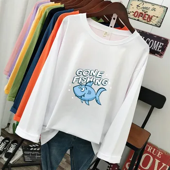 DONAMOL Plus Dimensiune moda Femei Tricouri din bumbac Topuri cu Maneci lungi Pulover Casual liber de Desene animate de imprimare Shark Femei T-shirt
