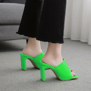 NOI Vara pantofi pentru Femei Solide Cap Peep Toe Piele Sandale de Moda Concis Zapatos De Mujer Toc Pătrat Pantofi pentru Femei