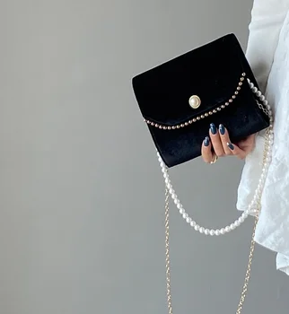 Femei de moda sac de catifea mici perle fata messenger umăr geanta cross body chain flap vintage sex feminin sac de drăguț hyu787