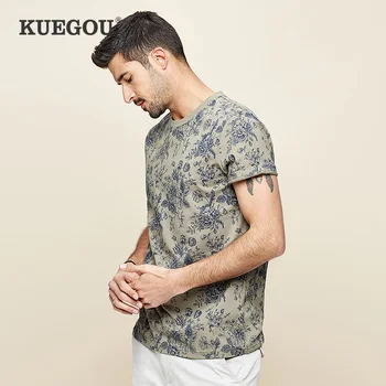 KUEGOU Barbati tricou maneca scurta bumbac, guler rotund planta de imprimare de moda tricouri de vara barbati tricou kaki Sus HT-2530