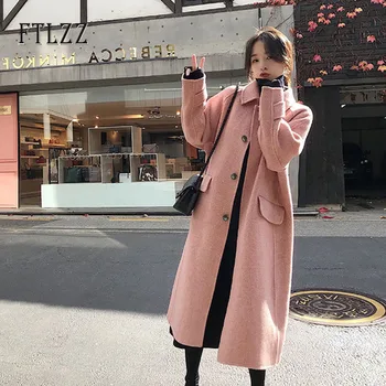Noua Toamna Iarna Haină de Lână Femei Subțire O-linie Medie de Mult Roz Stil coreean Haine Roz Doamnelor Elegante Rândul său, în Jos Guler Îmbrăcăminte exterioară